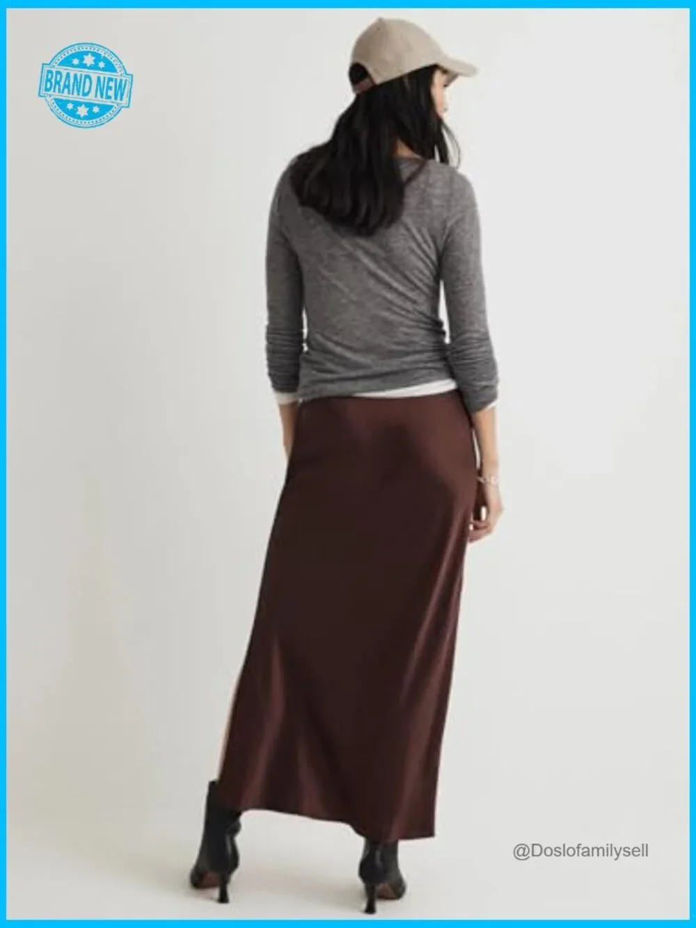 Satin Maxi Slit Skirt Elastic Waistband Flowy A-Line Solid Slip Skirt